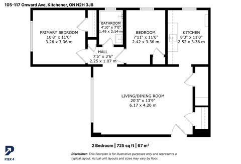 Floor plan for 2 beds, 1 bath, 725 sqft